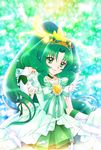  aizen_(syoshiyuki) bow brooch choker closed_mouth cowboy_shot cure_march frills green green_choker green_eyes green_hair green_skirt halo highres jewelry light_particles light_smile long_hair looking_at_viewer magical_girl midorikawa_nao multicolored multicolored_background precure princess_form_(smile_precure!) skirt smile_precure! solo striped striped_bow tiara tri_tails wrist_cuffs 