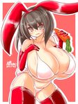  1girl ayazumi_flutter bikini blush breasts brown_eyes brown_hair bunny_costume bunny_ears bunny_tail carrot cleavage curvy elbow_gloves female food gloves hair_ornament huge_breasts kantai_collection long_hair looking_at_viewer red_gloves red_legwear simple_background solo standing swimsuit taihou_(kantai_collection) thighhighs white_bikini 