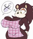  2018 animal_crossing anthro apron big_breasts breast_expansion breasts cleavage clothed clothing eulipotyphlan female freckles hedgehog huge_breasts mammal monochrome nintendo pictographics purple_yoshi_draws sable_able short_stack sketch solo speech_bubble video_games 