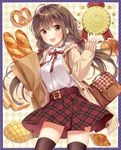  :d ahoge anpan argyle argyle_background bag baguette bangs belt black_legwear blouse blush border bread breasts brown_eyes brown_hair brown_ribbon cardigan collar commentary_request cowboy_shot croissant crown eyebrows_visible_through_hair floating_hair food frilled_collar frills hair_ribbon hand_up highres holding holding_bag holding_food long_hair looking_at_viewer low_twintails medium_breasts melon_bread open_cardigan open_clothes open_mouth original plaid plaid_skirt pleated_skirt pretzel purple_border red_skirt ribbon satchel skirt sleeves_past_wrists smile solo teeth thighhighs thighs twintails waving white_blouse yumesaki zettai_ryouiki 