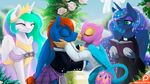  ashley-arctic-fox avian blue_feathers blue_fur cosmic_hair day equine fan_character feathers female feral friendship_is_magic fur group gryphon hair hooves mammal my_little_pony orange_hair outside pegasus pink_fur princess_celestia_(mlp) princess_luna_(mlp) smile white_fur wings 