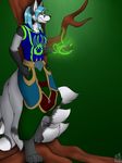  aleu_moonshadow anthro blue_hair breasts canine clothed clothing druid fox hair long_hair looking_at_viewer magic magic_user mammal multi_breast multi_tail simple_background smile solo tree tribal_spellcaster vene video_games warcraft 
