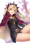  :d absurdres black_panties blonde_hair bow cape earrings enosan ereshkigal_(fate/grand_order) fang fate/grand_order fate_(series) gold_trim hair_bow hair_ribbon highres jewelry long_hair looking_at_viewer md5_mismatch open_mouth panties red_bow red_cape red_ribbon ribbon skull smile solo tiara twintails underwear weapon yellow_eyes 