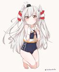  alternate_costume amatsukaze_(kantai_collection) artist_name bare_legs barefoot breasts brown_eyes colored_eyelashes cosplay crop_top frown full_body gloves hair_between_eyes i-13_(kantai_collection) i-13_(kantai_collection)_(cosplay) kantai_collection long_hair looking_at_viewer okota_mikan one-piece_swimsuit school_swimsuit school_uniform serafuku serious silver_hair single_glove small_breasts solo swimsuit thighs toes twitter_username two_side_up white_gloves 