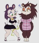  2018 ? animal_crossing anthro apron big_breasts blush breasts cleavage clothed clothing dress duo eulipotyphlan female footwear freckles hedgehog hi_res high_heels labelle_able mammal monochrome neckerchief nintendo one_eye_closed purple_yoshi_draws sable_able shoes short_stack sketch surprise tape_measure video_games 
