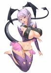  1girl bare_shoulders barefoot black_wings bluespice breasts curvy demon_girl detached_sleeves earrings female garter_straps grey_hair huge_breasts long_hair mole navel original panties piercing pointy_ears pubic_tattoo puffy_nipples purple_eyes purple_hair simple_background solo succubus tail tattoo thighhighs tongue tongue_out tongue_piercing underboob white_background wide_hips wings 