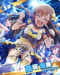  braid brown_hair card_(medium) character_name closed_eyes disco_ball idolmaster idolmaster_million_live! kousaka_umi long_hair microphone midriff multiple_girls navel official_art open_mouth twin_braids 