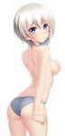  anastasia_(idolmaster) ass back bangs blue_eyes blue_panties blush breasts commentary_request covering covering_breasts eyebrows_visible_through_hair from_behind highres idolmaster idolmaster_cinderella_girls looking_at_viewer looking_back medium_breasts panties short_hair silver_hair simple_background smile solo taka_(takahirokun) topless underwear underwear_only white_background 