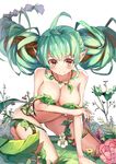  ahoge aqua_hair breasts brown_eyes flower gen_4_pokemon jewelry kneeling large_breasts leafeon leaning_forward long_hair navel necklace nude outdoors personification plant pointy_ears pokemon sakaraubito twintails 