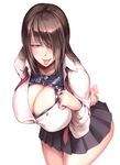  :p blush breasts brown_hair buckle cleavage condom_wrapper hair_over_one_eye hetza_(hellshock) huge_breasts jewelry leaning_forward leather long_hair looking_at_viewer loose_necktie naughty_face necktie open_clothes open_shirt original piercing pleated_skirt purple_eyes red_neckwear ring school_uniform sexually_suggestive shirt simple_background skirt smile solo tongue tongue_out tongue_piercing white_background wing_collar 