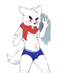  5_fingers anthro blush bulge canine clothed clothing clothing_lift cub dog fur mammal navel nipples one_eye_closed scarf shirt shirt_lift standing teenager underwear white_fur woong young 