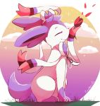  3_toes alternate_color ambiguous_gender black_nose bow canine eeveelution eyelashes eyes_closed feral flower fur happy mammal markings nintendo plant pok&eacute;mon pok&eacute;mon_(species) purple_fur purple_tail purpleninfy ribbons rose sitting smile snout socks_(marking) sylveon toes video_games white_fur 