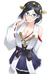  arm_at_side bare_shoulders black_eyes black_hair breasts cleavage detached_sleeves glasses hand_on_own_face highres kantai_collection kirishima_(kantai_collection) large_breasts minazuki_(karashikazoku) nontraditional_miko pantyhose short_hair smile solo white_background 