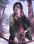  arrow artist_name astri_lohne_sjursen bags_under_eyes bangs bird bow_(weapon) brown_hair clothes_writing coat commentary day drawing_bow ellie_(the_last_of_us) forest green_eyes highres holding holding_arrow holding_bow_(weapon) holding_weapon hood hoodie left-handed long_hair long_sleeves nature open_clothes open_coat outdoors parted_lips realistic snow solo swept_bangs the_last_of_us tree weapon 