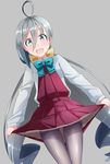  :d ahoge aqua_bow ass_visible_through_thighs blouse blush bow comah commentary_request dutch_angle eyebrows_visible_through_hair grey_background grey_legwear hair_between_eyes hair_bow kantai_collection kiyoshimo_(kantai_collection) long_hair long_sleeves looking_at_viewer open_mouth pantyhose pleated_skirt purple_skirt silver_eyes silver_hair simple_background skirt smile solo teeth thigh_gap thighband_pantyhose thighs twintails uniform very_long_hair white_blouse yellow_bow 