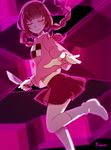  braid brown_hair closed_eyes highres knife long_hair madotsuki outstretched_hand paper pink_shirt purple_background purple_skirt shirt skirt socks solo twin_braids twintails white_legwear yume_nikki yunare 