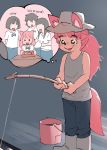  anthro boots bucket canine clothing comic female fishing_rod footwear fox fur_(theterm) hat human mammal pants shirt theterm thought_bubble water young 