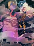  abs arm_around_shoulder blonde_hair coat demon_smog fangs hair_over_eyes long_hair long_tongue looking_at_viewer male_focus maruboku mon_mon_(show_by_rock!!) multiple_boys muscle no_pupils pectorals purple_skin show_by_rock!! smoke tassel tongue white_hair 