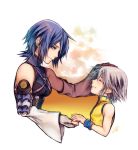  1boy 1girl aqua_(kingdom_hearts) blue_eyes blue_hair blush detached_sleeves eyes_closed fingerless_gloves gloves hand_holding hand_on_another&#039;s_head kingdom_hearts kingdom_hearts_birth_by_sleep light_blush looking_at_another looking_down mim_(mimya0600) parted_lips riku short_hair silver_hair sleeveless smile strap upper_body wristband younger zipper 