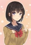  arms_at_sides bangs black_hair blush bob_cut brown_sweater closed_mouth commentary_request eyebrows_visible_through_hair hands_on_own_chest looking_at_viewer monoku original purple_eyes school_uniform serafuku short_hair sidelocks sleeves_past_wrists smile solo sweater uniform upper_body 