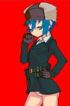  bad_id bad_pixiv_id belt belt_pouch blue_hair bottomless closed_eyes closed_mouth coat commentary_request fur_hat gloves hat kino kino_no_tabi light_frown nannchatte no_panties oekaki pixel_art pouch red_background short_hair simple_background solo sweatdrop tomboy 