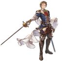  alpha_transparency armor armored_boots belt boots brown_hair cape cravat full_body gloves granblue_fantasy looking_at_viewer male_focus minaba_hideo official_art paris_(granblue_fantasy) parted_lips sideburns solo standing sword transparent_background unsheathed weapon white_gloves 