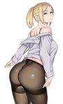  ass bare_shoulders black_bra black_legwear blonde_hair blue_eyes bra character_request crotch_seam highres long_hair looking_at_viewer looking_back mole mole_under_mouth no_panties open_clothes original pantyhose ponytail shiny shiny_skin simple_background solo standing thighband_pantyhose underwear white_background zonda_(solid_air) 