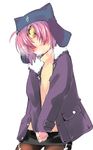  black_legwear blush commentary_request fate/apocrypha fate_(series) frankenstein's_monster_(fate) hair_over_eyes headgear isshitaira looking_at_viewer pantyhose pink_hair short_hair solo 