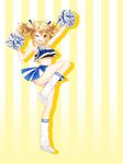  ;d arm_up blonde_hair blue_ribbon brown_eyes cheerleader cuteg hair_ribbon highres hinabita izumi_ibuki leg_up long_hair looking_at_viewer loose_socks midriff miniskirt one_eye_closed open_mouth pleated_skirt pom_poms ribbon skirt sleeveless smile socks solo standing stomach striped striped_background tank_top twintails white_legwear white_ribbon yellow_background 