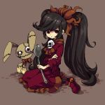  1girl ashley_(warioware) bangs black_hair black_legwear brown_background doll dress hair_ornament long_hair long_sleeves looking_at_viewer nintendo pixel_art red_dress red_eyes red_footwear sailor_collar seiza sidelocks simple_background sitting skull solo spoon twintails very_long_hair warioware yamipika yellow_sailor_collar 