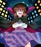 :d absurdres bow brown_eyes brown_hair cape city commentary_request crossed_arms dress from_below glasses hat hat_bow hat_ribbon high_collar highres looking_at_viewer open_mouth ougi_(ihayasaka) plaid plaid_dress ribbon semi-rimless_eyewear short_hair smile solo teeth touhou usami_sumireko v-shaped_eyebrows 