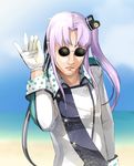  akitsushima_(kantai_collection) bad_id bad_pixiv_id bangs black_ribbon commentary_request day double-breasted gloves hair_ribbon hand_up hat highres kantai_collection lavender_hair long_hair meme meth_(emethmeth) mini_hat outdoors parted_bangs photo-referenced purple_hair ribbon salt_bae_(meme) sand side_ponytail sidelocks solo striped striped_ribbon sunglasses upper_body white_gloves 