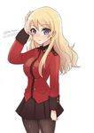  2017 adjusting_hair alternate_hairstyle bad_id bad_twitter_id black_legwear black_skirt blonde_hair blue_eyes blush breasts closed_mouth cowboy_shot darjeeling dated girls_und_panzer hair_down jacket light_smile long_hair long_sleeves looking_at_viewer medium_breasts military military_uniform miniskirt pantyhose pleated_skirt raki_(kuroe) red_jacket sketch skirt solo st._gloriana's_military_uniform twitter_username uniform white_background 