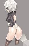  ass back_cutout blade_(galaxist) blindfold breasts brown_legwear facing_to_the_side feather-trimmed_sleeves flashlight from_behind gloves grey_background hand_on_hip juliet_sleeves leotard light long_sleeves mole mole_under_mouth nier_(series) nier_automata parted_lips puffy_sleeves shiny shiny_skin short_hair silver_hair simple_background small_breasts solo thighhighs thong_leotard turtleneck wet white_leotard yorha_no._2_type_b 