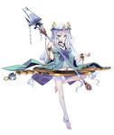  anklet bare_legs barefoot blue_eyes dress fish full_body hair_ribbon highres holding holding_weapon jewelry leg_up long_hair looking_at_viewer open_mouth polearm purple_ribbon ribbon shirohime_quest silver_hair simple_background smile solo very_long_hair weapon white_background 