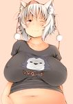  ;) alternate_costume animal_ear_fluff animal_ears belly blush breasts breasts_apart casual closed_mouth clothes_writing collarbone commentary contemporary covered_nipples doyagao english fang fang_out hat highres huge_breasts inubashiri_momiji looking_at_viewer midriff navel no_bra one_eye_closed plump red_eyes sagging_breasts shirt shishi_juuroku short_hair smile solo t-shirt thick_eyebrows tokin_hat touhou undersized_clothes white_hair wolf wolf_ears 