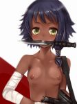  1girl absurdres alice_gear_aegis bandage bandaged_arm bandages bangs black_eyes black_hair braid collarbone green_eyes gun highres holding holding_gun holding_weapon knife long_hair looking_at_viewer mouth_hold nanashi_(user_hagu2878) nipples nude red_background shanti_rana single_braid smile solo tareme two-tone_background upper_body upper_teeth weapon white_background 