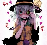  bangs black_hat blush bright_pupils check_commentary commentary_request compound_eyes dot_nose frilled_shirt_collar frilled_sleeves frills fua_yuu green_eyes hat hat_ribbon heart heavy_breathing komeiji_koishi looking_at_viewer monster_girl parted_lips ribbon shirt silver_hair smile solo sweat touhou trypophobia upper_body white_pupils wide_sleeves yellow_shirt 