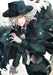 :3 artist_name black_hat black_pants claws cloak commentary_request dutch_angle edmond_dantes_(fate/grand_order) fate/grand_order fate_(series) fedora gloves grin hair_over_one_eye hat highres jacket long_sleeves male_focus open_clothes open_jacket pants parted_lips signature silver_hair smile solo takehana_note teeth wavy_hair white_gloves yellow_eyes 