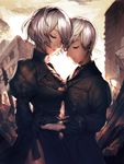  1girl black_dress breasts cleavage closed_eyes couple dress gloves hetero kokutan_kitsunen medium_breasts mole mole_under_mouth nier_(series) nier_automata no_blindfold ruins white_hair yorha_no._2_type_b yorha_no._9_type_s 