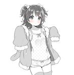  akagi_miria blush bow chemise coat hair_bow idolmaster idolmaster_cinderella_girls looking_at_viewer monochrome short_hair simple_background sketch solo spot_color thighhighs twintails two_side_up white_background yazawa_oke 
