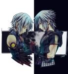  1boy 1girl aqua_(kingdom_hearts) belt blue_hair detached_sleeves eyes_closed fingerless_gloves gloves green_eyes hand_holding head_down hood hood_down jacket kingdom_hearts kingdom_hearts_iii looking_at_another mim_(mimya0600) riku serious short_hair silver_hair strap torn_clothes torn_sleeves upper_body 