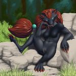  anthro breasts featureless_breasts female fur hair looking_at_viewer navel nintendo nude outside pok&eacute;mon pussy sitting solo spread_legs spreading video_games yojek163 zoroark 