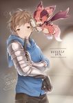  blurry character_name copyright_name dragon dressing fighter_(granblue_fantasy) gauntlets gran_(granblue_fantasy) granblue_fantasy hair_brush hair_brushing hood hoodie male_focus mouth_hold sleepy solo vee_(granblue_fantasy) 