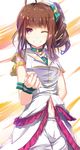  ahoge arm_behind_back blush brown_hair collar commentary_request hair_ornament highres idolmaster idolmaster_million_live! long_hair looking_at_viewer navel one_eye_closed purple_eyes ro_risu scrunchie side_ponytail smile solo wristband yokoyama_nao 