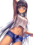  arm_up armpits arms_behind_head black_hair blue_eyes blush breasts dark_skin dress gorua_(youce01) hose large_breasts long_hair looking_at_viewer md5_mismatch navel original revision see-through short_shorts shorts simple_background solo strap_slip tank_top very_long_hair wet wet_clothes white_background white_dress yuurika_(gorua) 