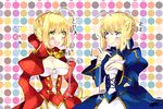  2girls ahoge blonde_hair blue_eyes blush braid breasts cleavage dress fate/extella fate/extra fate/stay_night fate_(series) green_eyes hair_bun multiple_girls open_mouth ribbon saber saber_extra wide_sleeves 