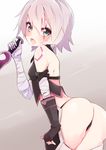  ass bandaged_arm bandages bare_shoulders black_panties blush dagger enelis fate/apocrypha fate_(series) fingerless_gloves gloves green_eyes jack_the_ripper_(fate/apocrypha) looking_at_viewer looking_back open_mouth panties scar scar_across_eye short_hair solo thong underwear weapon white_hair 