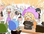  ^_^ animal_ears bad_id bad_pixiv_id black_hair black_shirt blonde_hair blue_hair blush_stickers bunny_ears bunny_girl closed_eyes clothes_writing clownpiece commentary english fairy_wings frilled_shirt_collar frills green_hair hat jester_cap kishin_sagume long_hair misha_(hoongju) money moon_rabbit_(touhou) multiple_girls neck_ruff open_clothes open_mouth pink_hair red_eyes shirt short_hair single_wing skirt smile touhou very_long_hair white_hair wings 