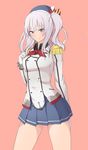  arm_behind_back blush breasts epaulettes gloves grey_eyes grey_hair intirami kantai_collection kashima_(kantai_collection) lace-trimmed_sleeves medium_breasts pink_background smile solo thighs twintails white_gloves 